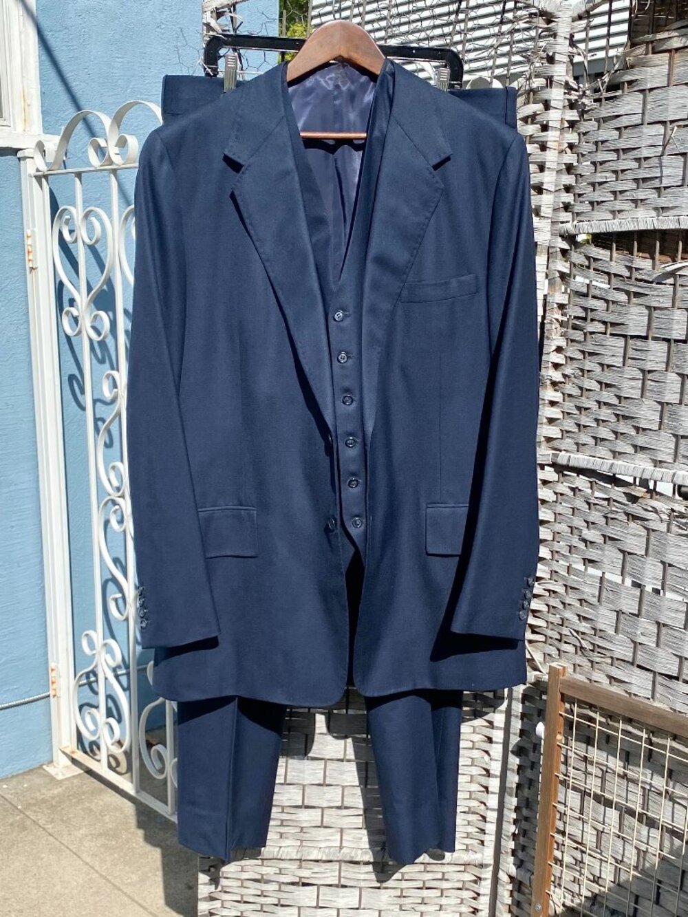 1970s (3) Three Piece Suit Perkins Navy Blue Big Tall 48R Bespoke Vintage